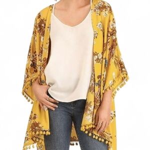 Yellow Floral Pom Pom Trim Flowy Bohemeian Kimono / Swim Swap Umgee Wrap S/M